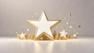 The primary subject of the image is a gold star, which is the main object, scene, or focus of the image. The setting/background features a white surface, and the visual style is a combination of photo and digital art. The colors and mood of the image are predominantly gold and white, creating a warm and inviting atmosphere.